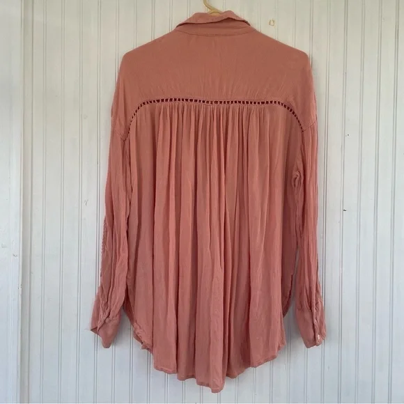 Free People Pink Orange Coral Katie Bird Long Sleeve Button Down Size Large - Picture 3 of 10